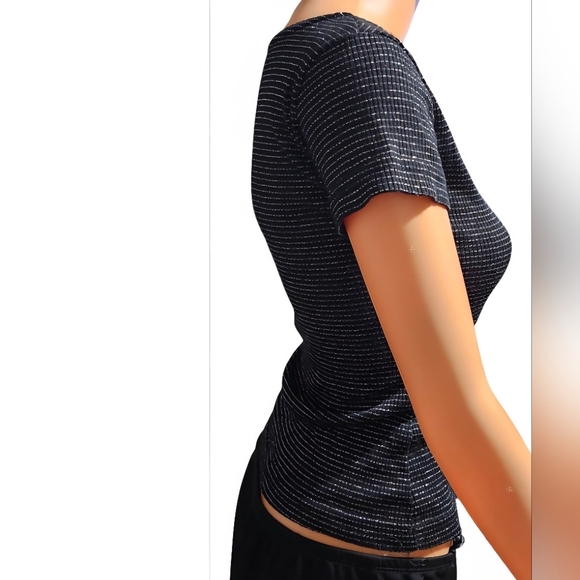 Elegant Black and Silver Striped Short Sleeve Top - Picture 4 of 6
